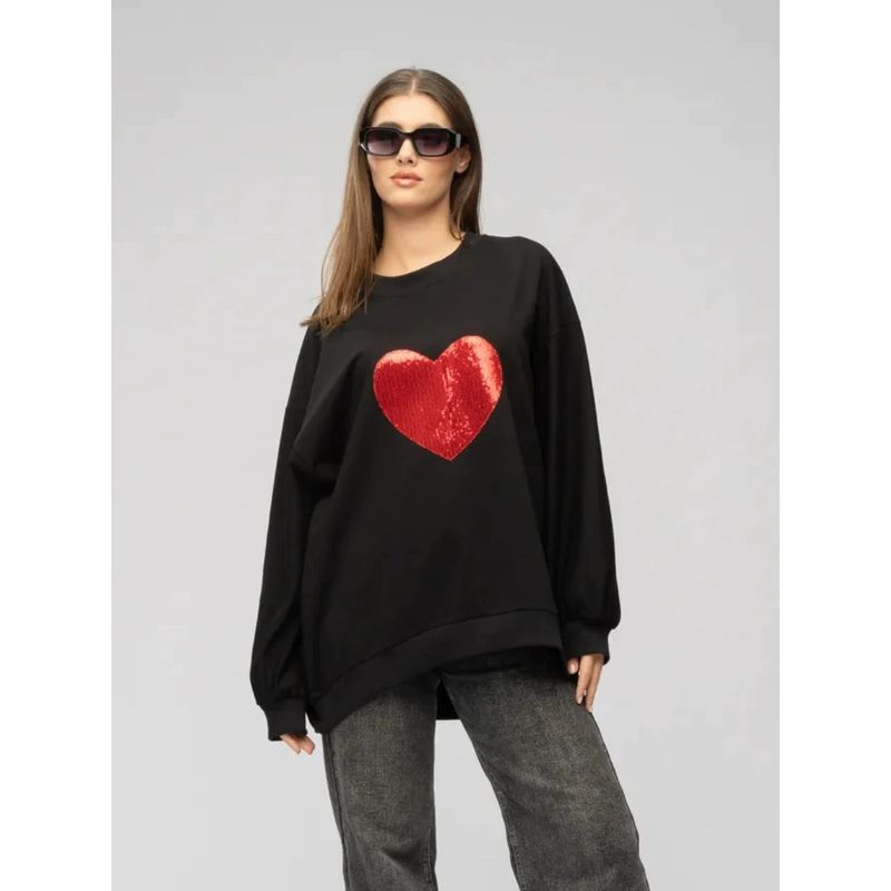

Fashion Wind Fashion Print Heart Loose-Fitting Casual Pullover Loose Heart-Shaped Printed Top Black (thin) thin 2XL