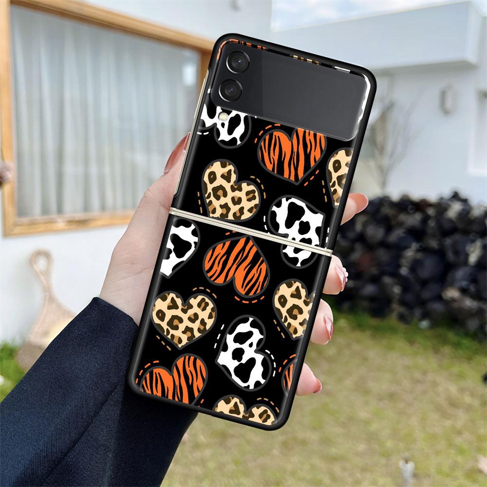 Luxushülle für Samsung Galaxy Z Flip 4 3 5G Schwarz PC Hart Handyhüllen Mode Rückseite ZFlip Funda Zebra Leopardenmuster Capa
