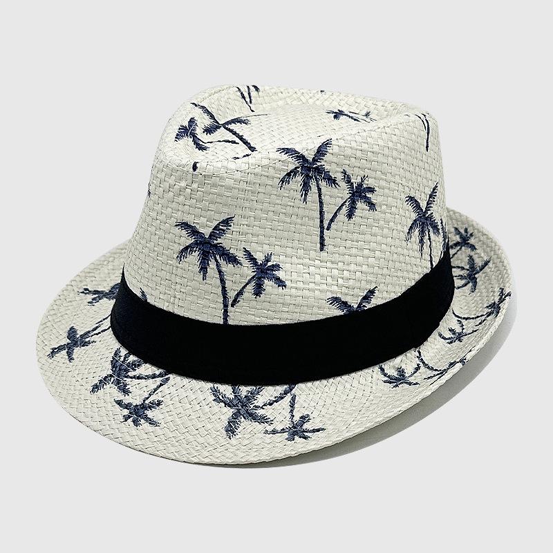

Папирусная джазовая шляпа с маленькими полями Летняя соломенная плетеная шляпа от солнца с принтом кокосовой пальмы Пляжная шляпа для защиты от солнца M（56-58cm）