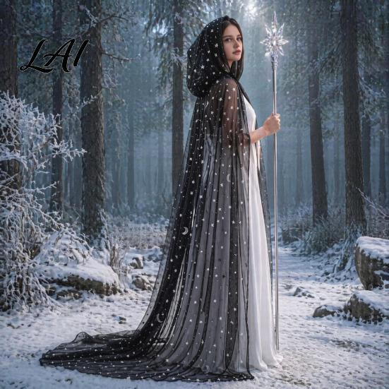 Elegant Stage Performance Cape Full Length Hooded Cloak for Women Star Moon Sheer Gothic Cosplay Robe Tulle Witch Halloween Costume Renaissance