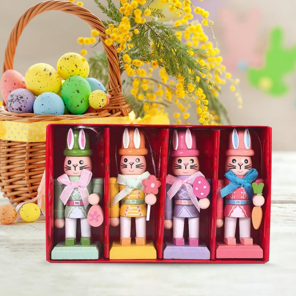 4 Pieces Easter Bunny Nutcracker 10cm Cute Little Rabbit Pendant Decorative Wooden Easter Rabbit Tabletop Ornaments