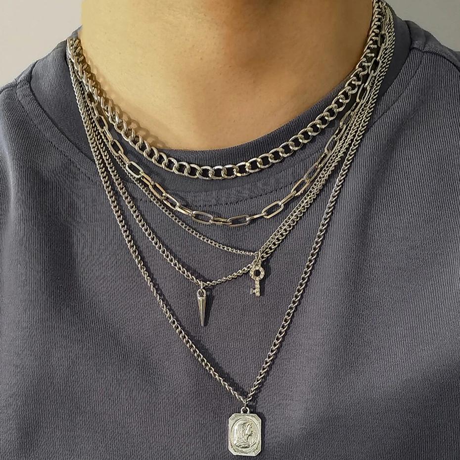New Punk Multilayer Chains Chunky Necklace Set Goth Spike Rivet Portrait Key Pendant Necklace Women Men Statement Jewelry