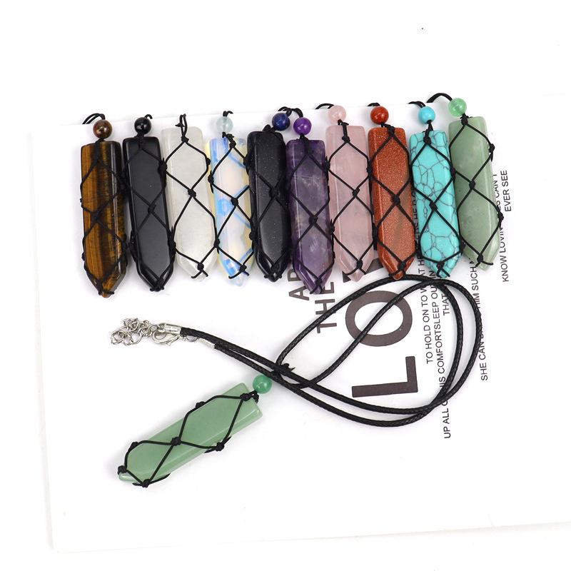 Hand-Woven Natural Stone Crystal Amethyst Sword-Shaped Mesh Pocket Pendant Necklace N578