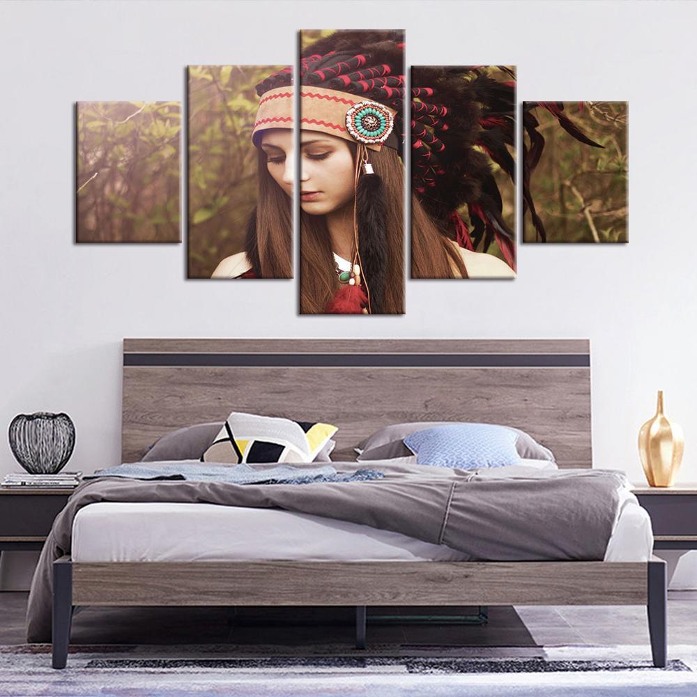 Unframed 5 Panel Native Indian Colored Feathers Girl Canvas HD Printed Posters Wall Art Pictures HD Paintings Room Home Decor