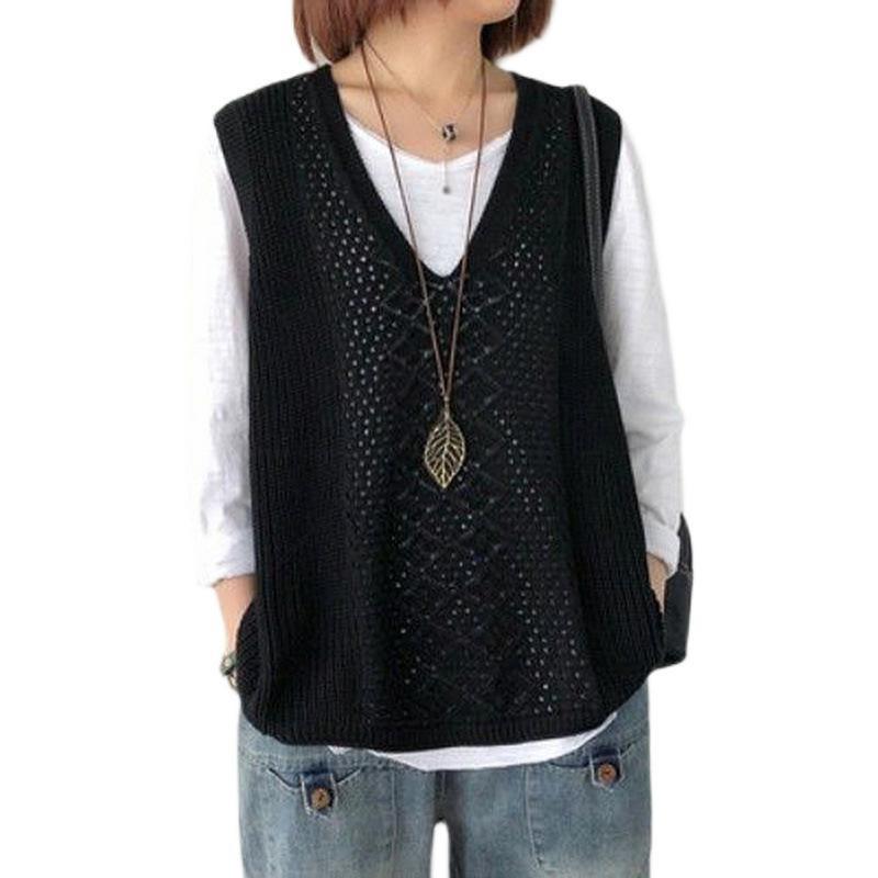 Damski Retro Bezrękawnik Dzianinowy Kamizelka Damska Wzórażurowy Luźny Wiosna Jesień Oddychający Gilet Sweter