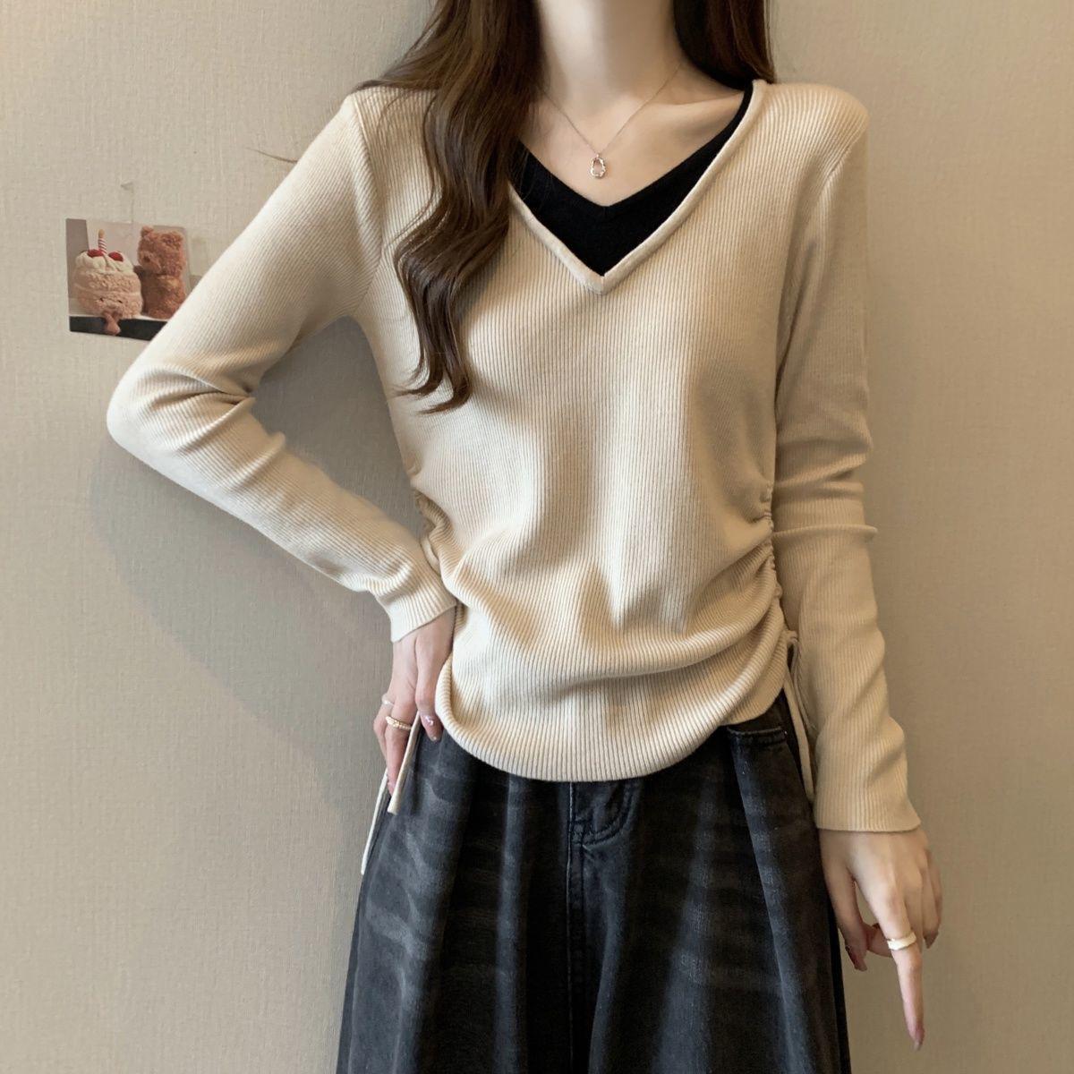

Plus Size V-neck Drawstring Patchwork Knitwear - Versatile 2025 Autumn/Winter Slimming Two-Piece for Women 2XL абрикосовый