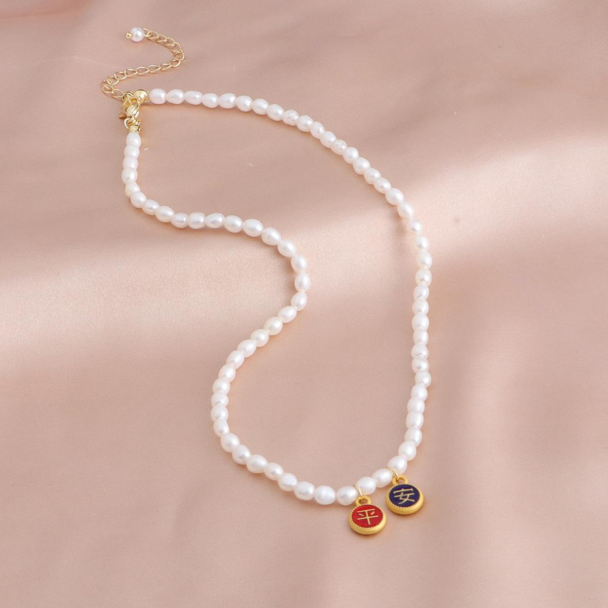Freshwater pearl necklace, peace and joy, rice grain pearl retro national style necklace, fashionable and versatile original