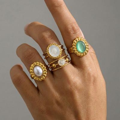 Bohemia Retro Gold Color Stainless Steel Artificial Pearl Shell Cameo Green Opal Stone Open Adjustable Rings for Women Jewelry