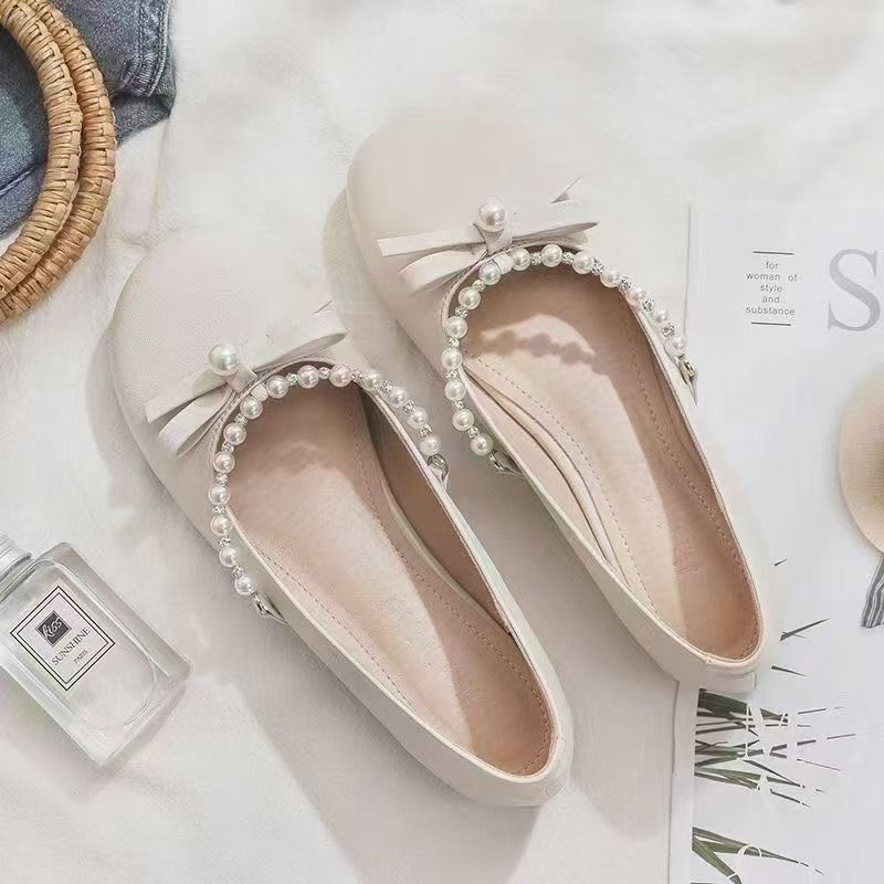 Pearl women's shoes flat-soled single shoes women's round head soft sole 2025 new French Mary Jane shallow mouth shoes