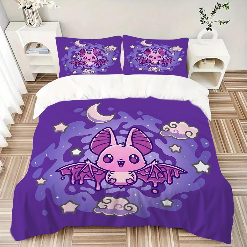 3pcs Cute purple Bat Quilt Set Soft and Comfortable Bedroom, and Dorm Decor Bedding Set 1 Quilt Cover + 2 Pillowcases.L030