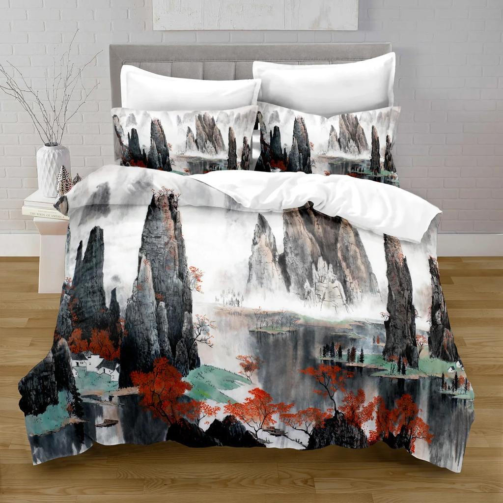 Comforter Ink Painting King Queen Chinese Landscape Painting Bedding Set Adults Idyllic Scenery Mountain Polyester