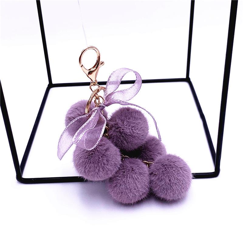Cute Creative Grape Fruit Lace Bow Fur Ball Plush Doll Toy Keychain Pendant Bag Hanging Backpack Charm Car Keyring New Year Gift