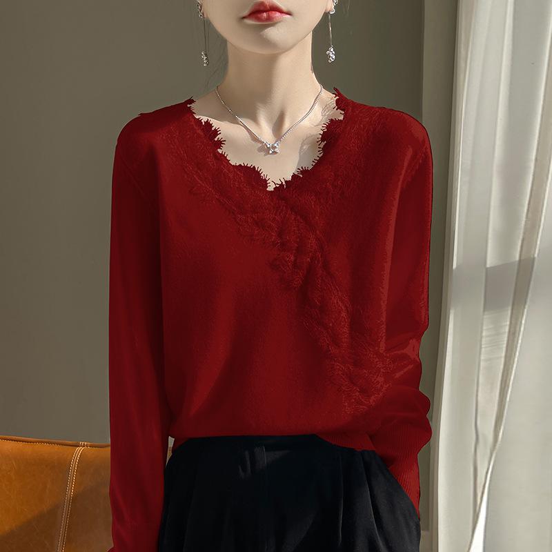 French Chic Lace Base V-Neck Velvet Sweater - Women's Long Sleeve Knitted Top