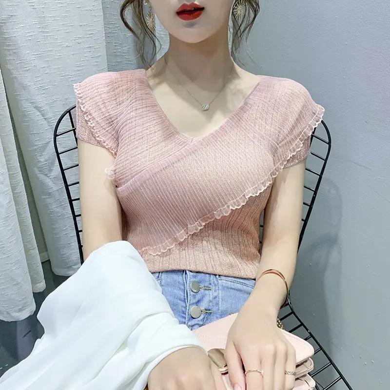 

Summer New Gauze Ruffles Design Sense V-neck Ice Silk T-shirt Women Solid Short Sleeved Tops S