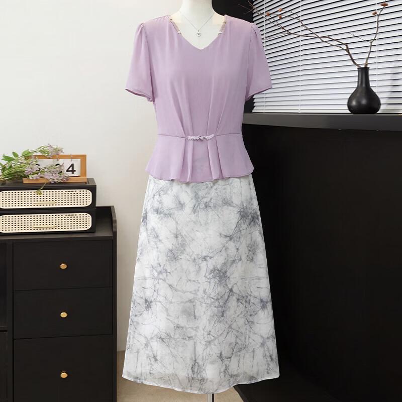 Xuexi Floral Chiffon Midi Dress for Middle-Aged Women 3XL