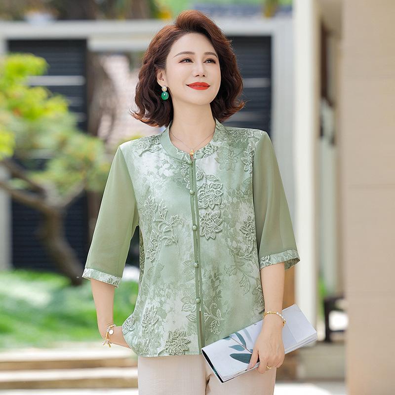 Fashion New Printed New Chinese Style Tops for Women's Chiffon Shirt Short-sleeved T-shirt