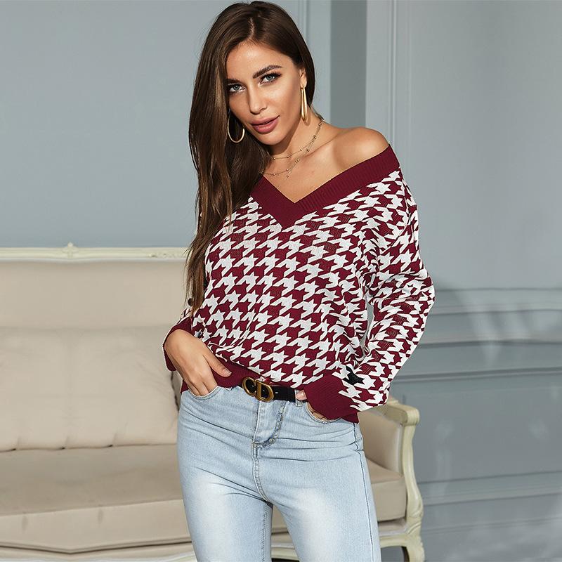 Vintage Fashion Elegant Casual Long-sleeved Kilim Jacquard Jacquard V-neck Bottoming Knit Sweater Women Fall