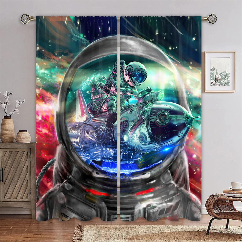 Starry Sky Astronaut Digital Print Realistic Pattern Curtain Bedchamber Children ' S Room 90g Polyester Fiber Curtain Clothtwopiece