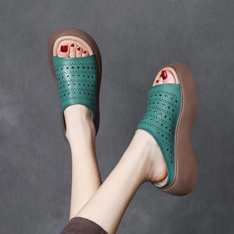 Johnature Pantoufles d'extérieur pour femmes en cuir véritable à bout ouvert et semelles épaisses, sandales compensées ajourées et respirantes de style vintage