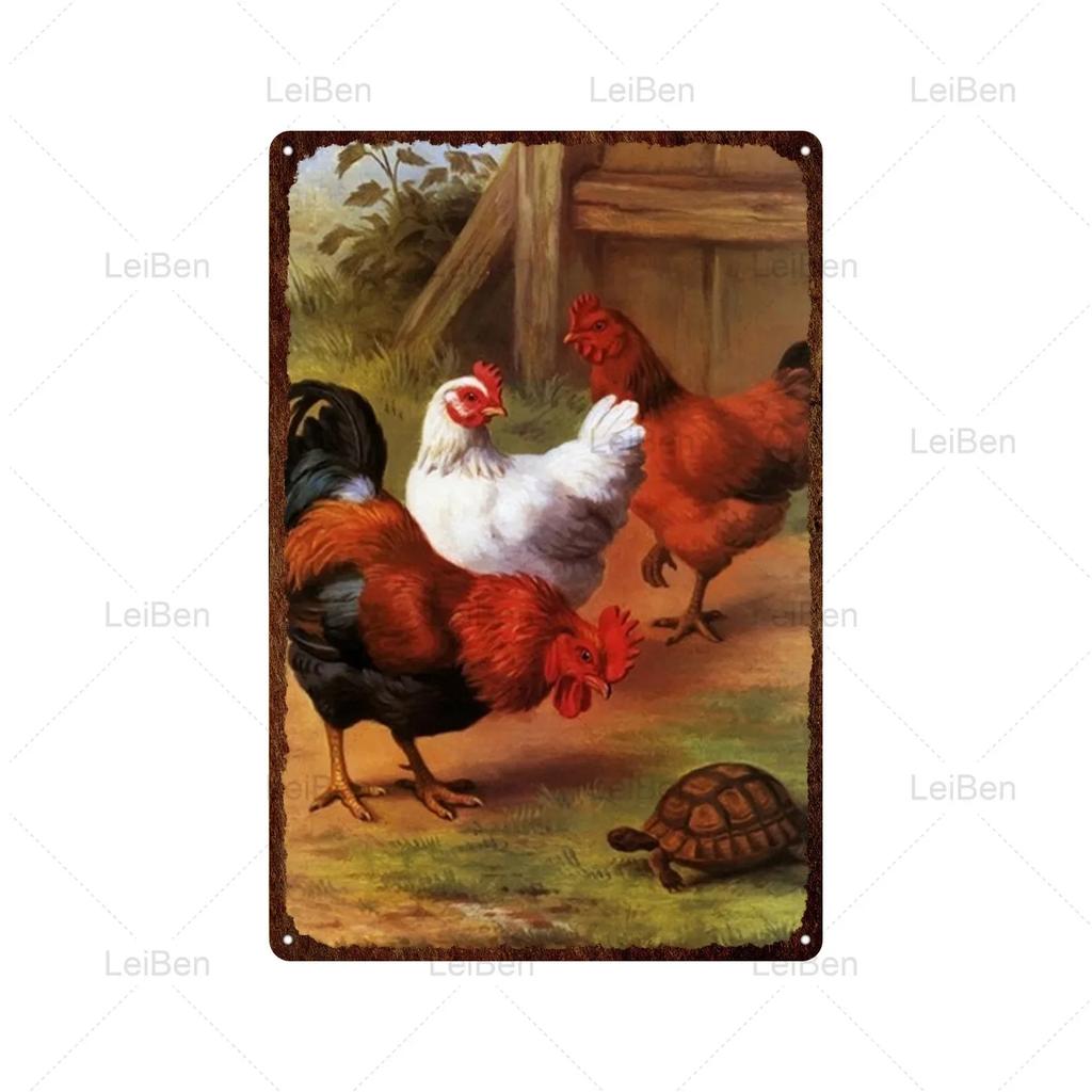 Kyckling Vintage Metallplåtskyltar Kyckling Tupp Höna Ägg Gård Staket Skylt Retro Plakett Dekorativ Plåt för Gårdstallrik Heminredning