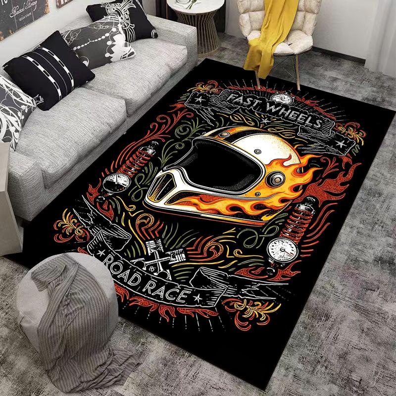 Motorcycle Helmet with Flaming Design and Road Race Graphics Carpet Suitable for Use As an Anti-slip for Living Room Bedroom Sofas
