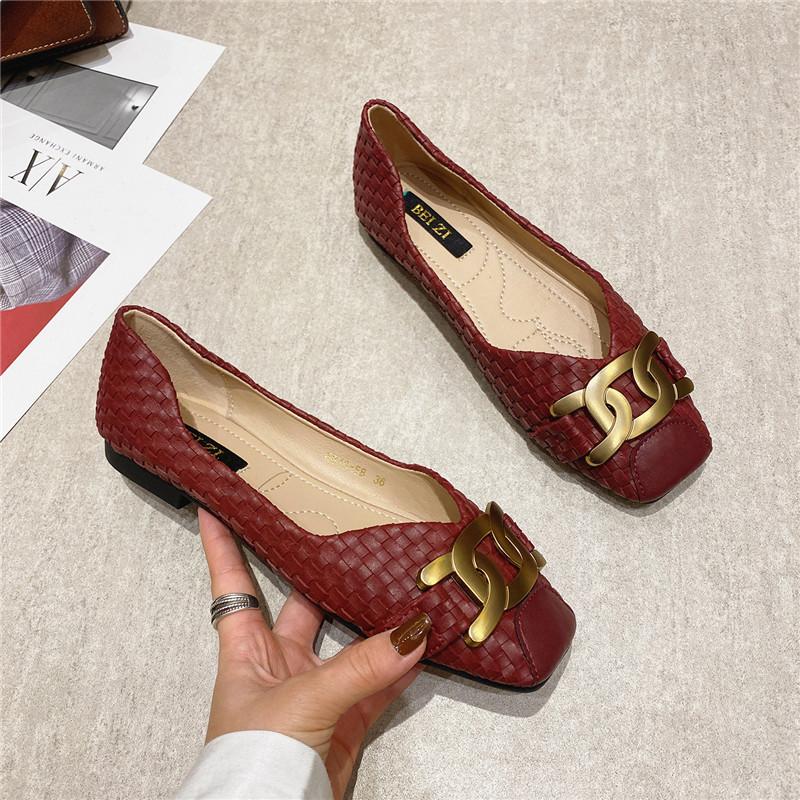 Fashion Women's Single Shoes 2025 New Shallow Metal Buckle Large Size Flat Shoes Square Toe Work Shoes Woven Pattern Shoes