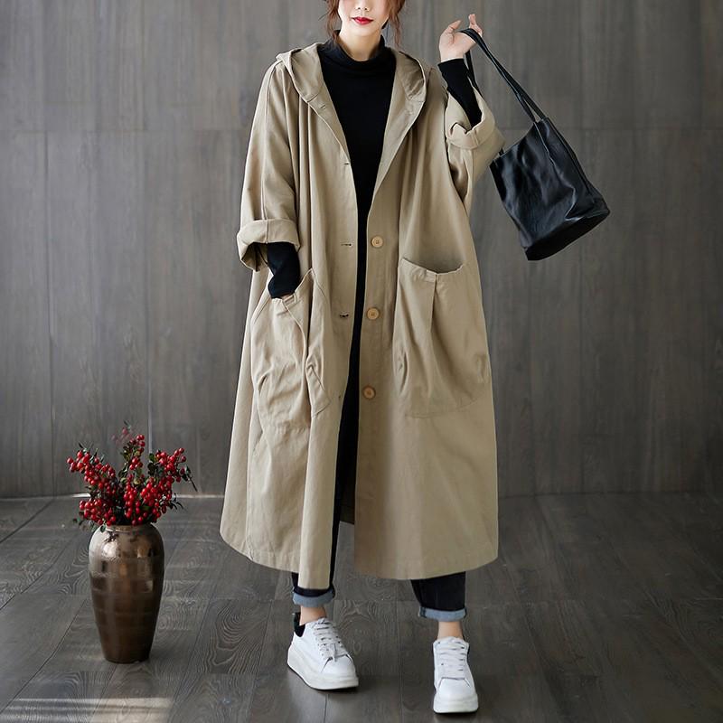 2024 Autumn Hooded Long Trench Coat for Women - Loose Fit, Plus Size, Casual Commute Style