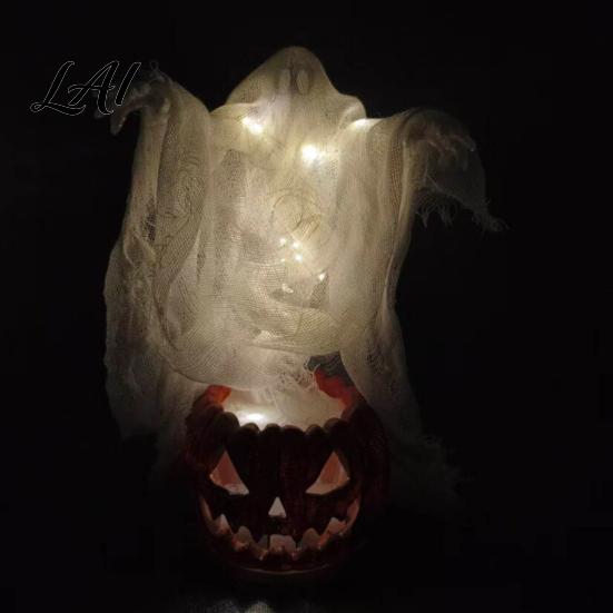 Osvětlená Strašidelná Domácí Dekorace Duch Dýně Zahradní Lampa Halloween Pryskyřičná Figurka s Teplým LED Světlem Tematická Místnost Rotující na Základně Stolní Dekorace na Verandu