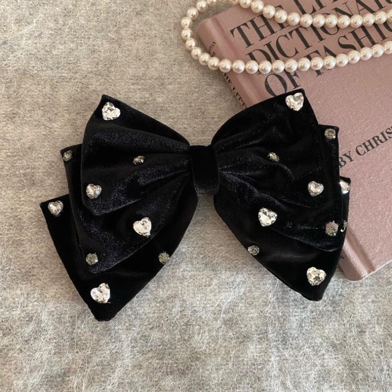 Elegant French Bow Rhinestone Hair Clip For Women Black Adorned Hairpin With Large Statement Bow Sparkling Hair Accessories