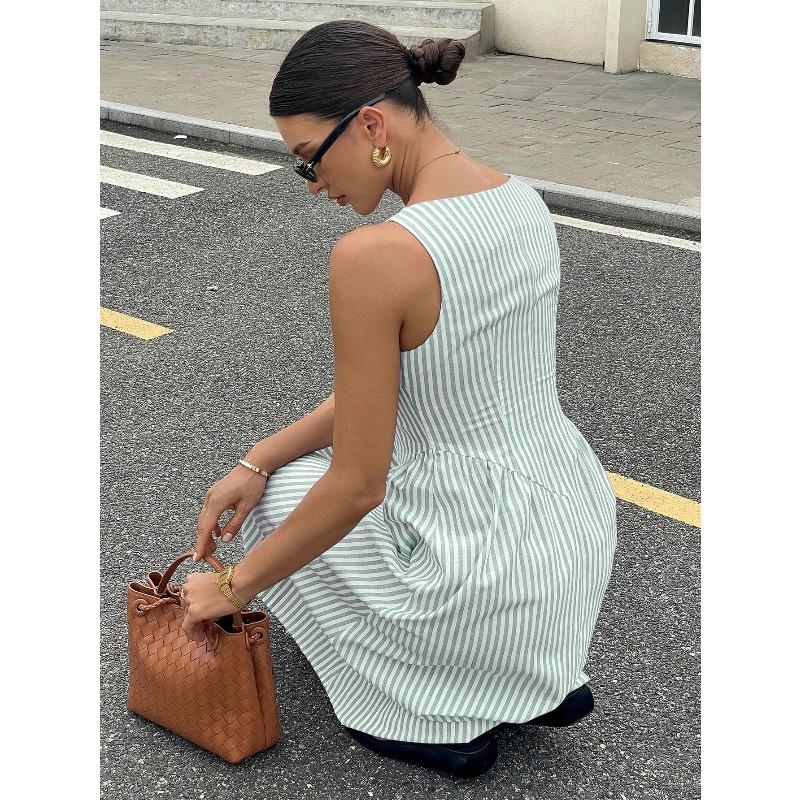 YYFS Women's Fashion Summer Spring Stripe Print Sleeveless Square Collar High Waist Casual Dresses