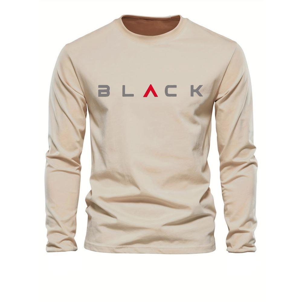 Men's 100% pure cotton loose fit plus size comfortable casual sports BLACK letter printed round neck long sleeved T-shirt top
