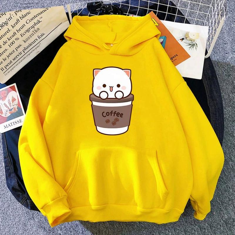 Kawaii Peach and Goma Hoodie Women Harajuku Cute Cat Hoodies Autumn Winter Funny Coffee Graphic Hooded Sweatshirt