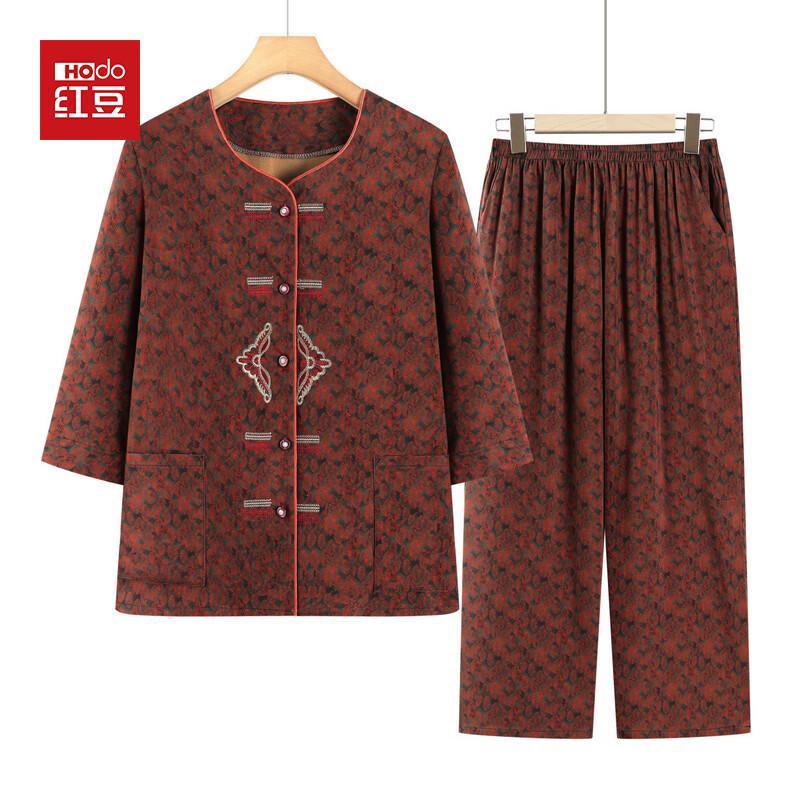 Hodo Elderly Women s Summer Embroidered 7/4 Sleeve Set 2XL