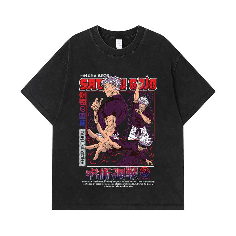 275 GSM Washed T-shirts 100% Cotton Jujutsu Kaisen V25 Gojo Print Unisex Heavy Cotton T Shirt