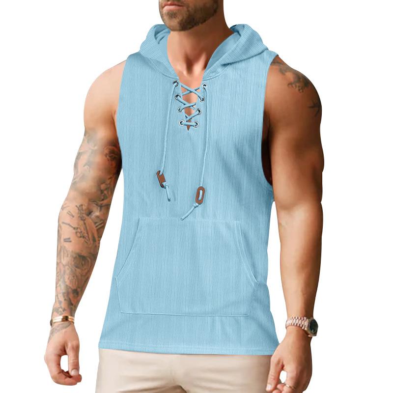 New Plus-size Waistcoat Summer Thin Men's Casual Hooded Solid Color Lace-up Vest Sleeveless