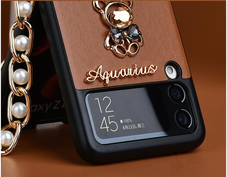Ins Korean Cute Bear Pearl Bracelet Leather Case For Samsung Galaxy Z Flip4 Case 5g For Galaxy Z Flip 3 4 Cover Z Flip3 Capa