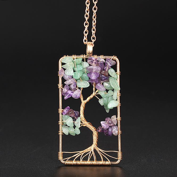 Natural Gravel Rectangular Winding Tree Of Life, Crystal Fortune Tree Necklace N40 Pure natural