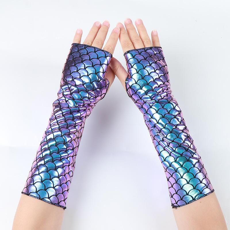 1 Paar Gotische Cosplay Halloween Bühnenperformance Party Armstulpen Meerjungfrau Fischschuppenmuster Fingerlos Lange Handschuhe Für Damen
