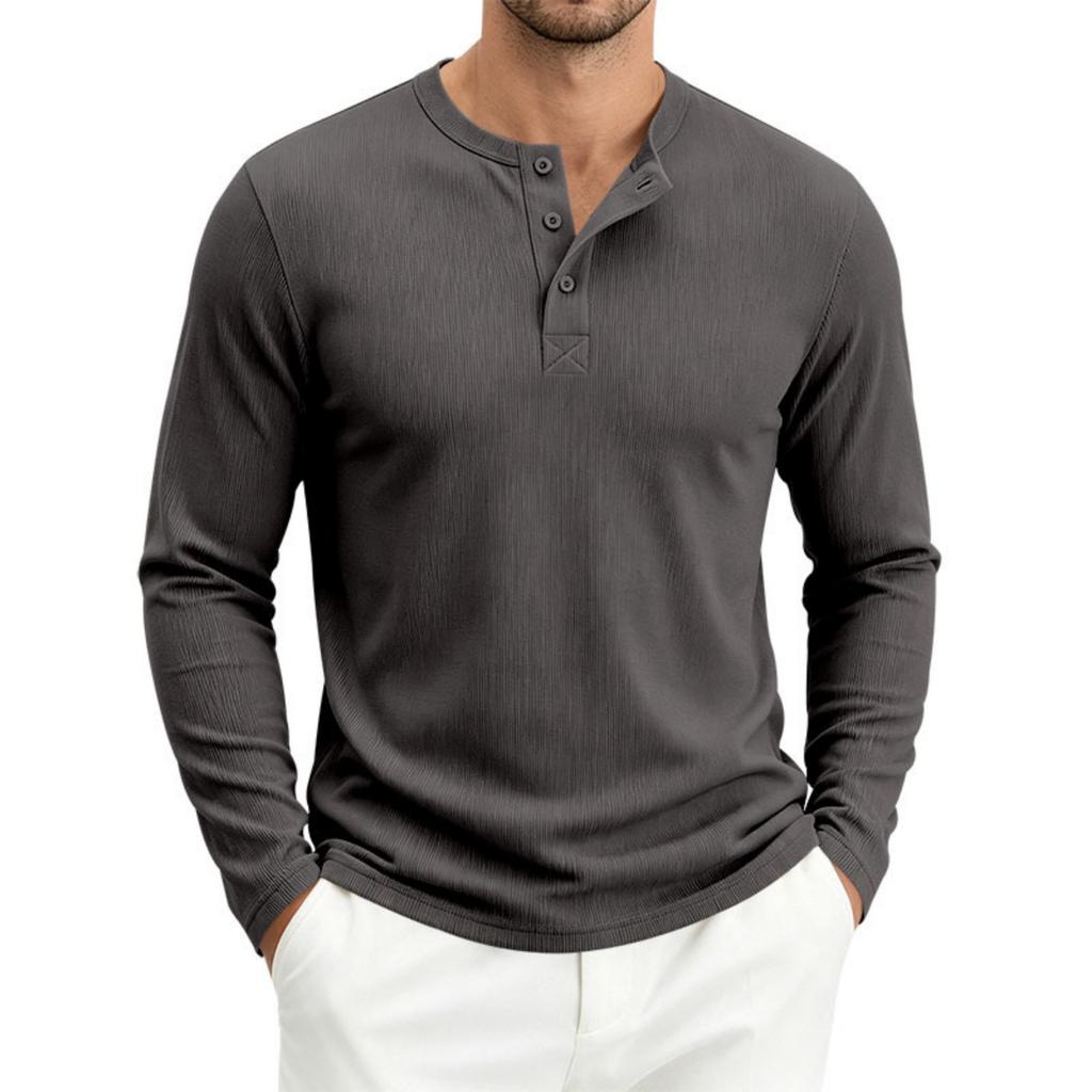 Men's Long Sleeve Loose Fit Ribbed Breathable Henley Shirt Button Placket Casual Pullover Top