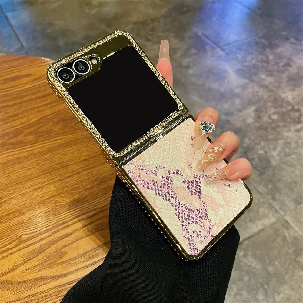 

Гальваническое покрытие Высококачественный чехол для телефона из змеиной кожи для Samsung Galaxy Z Flip 6 5 Flip6 Flip5 5G Ударопрочная защитная крышка Galaxy Z Flip6 розовый