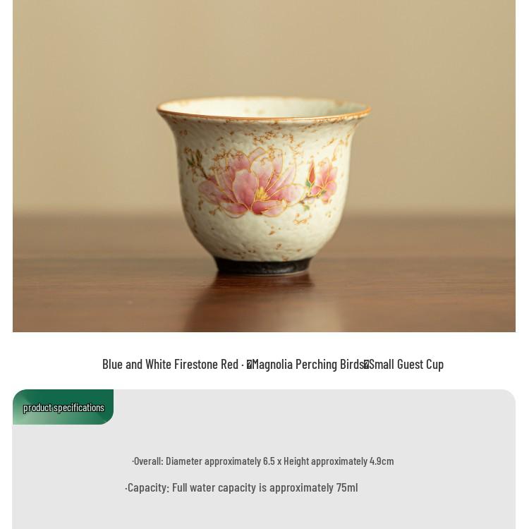 Chinese Style Blue & White Tea Cup with Red Magnolia Bird Design - Small, Anti-Scald Ceramic for Home Use