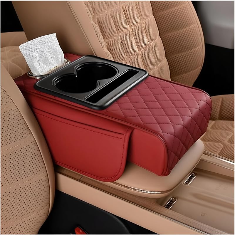 Car Center Console Armrest Pillow, Memory Foam Leather 4 In 1 Vehicle Arm Rest Cover With Tissue Box 2 Side Storage Bag Cup & Phone Holder, Auto