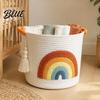 Decorative Laundry Hamper Large Cotton Woven Storage Basket Cartoon Embroidery Toy Organizer Bin Home Decor Basket Capacity with Reinforced Handles
