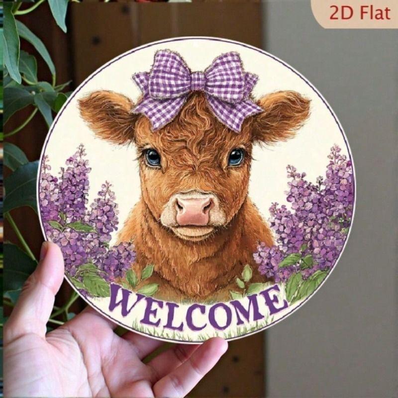 Vintage Highland Cow Metal Sign Rustic Home Decor Purple Flowers Gingham Bow 8x12 Inch