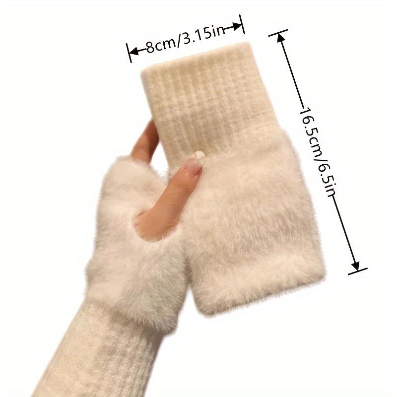 Women's Winter Half Finger Furry Gloves with Solid Color Insulation and Plush Long Sleeves for Daily and School Wear