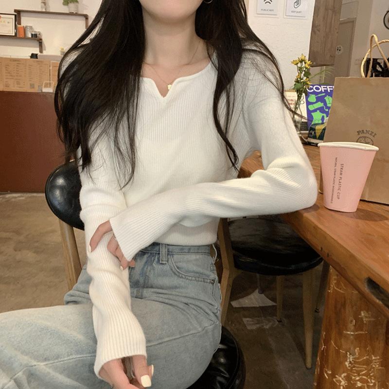 

Осенне-зимний свитер с V-образным вырезом в корейском стиле, облегающий, с длинными рукавами, с простым дизайном в качестве базового слоя и свитером в качестве внутреннего слоя L