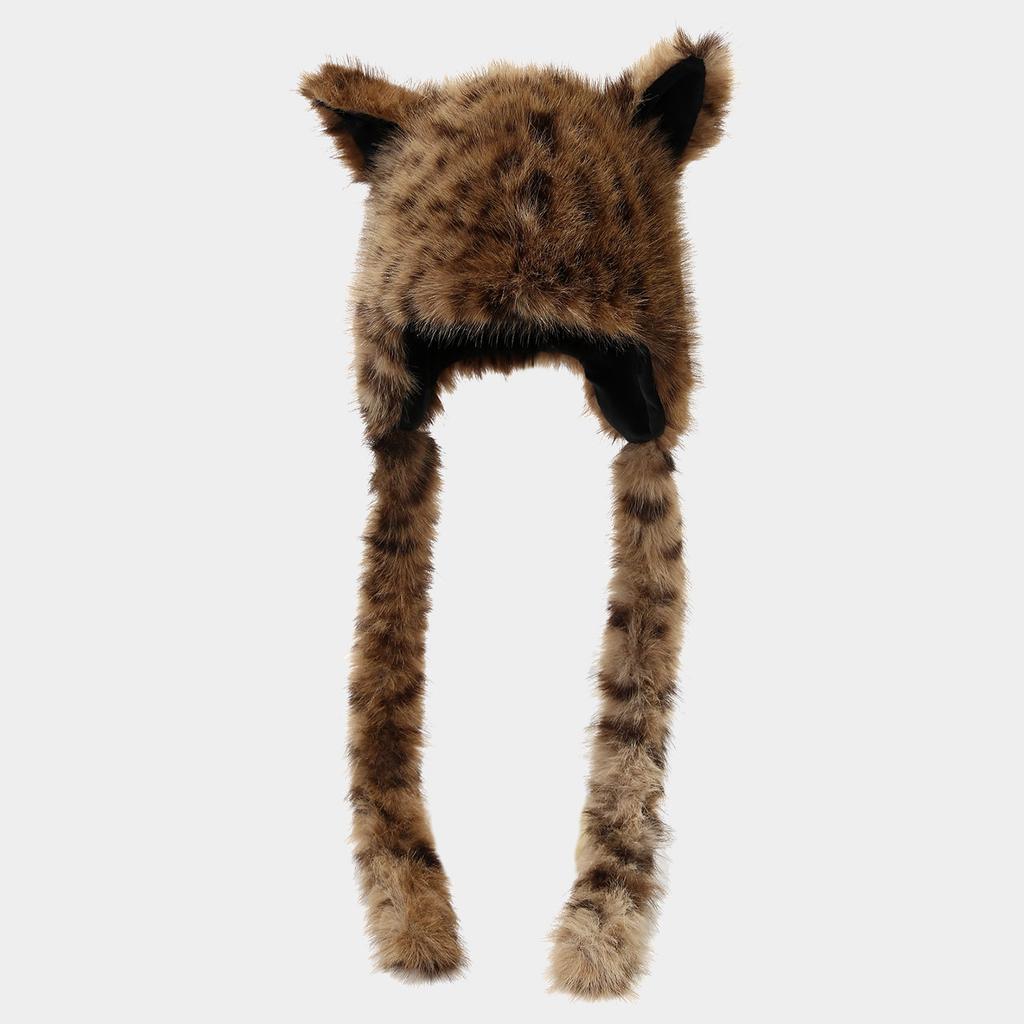 Autumn & Winter New Style Plush Cute Leopard Print Long-Ear Warm Ear-Flap Hat - Women's Long Braid Head-Wrapping Trendy Cap