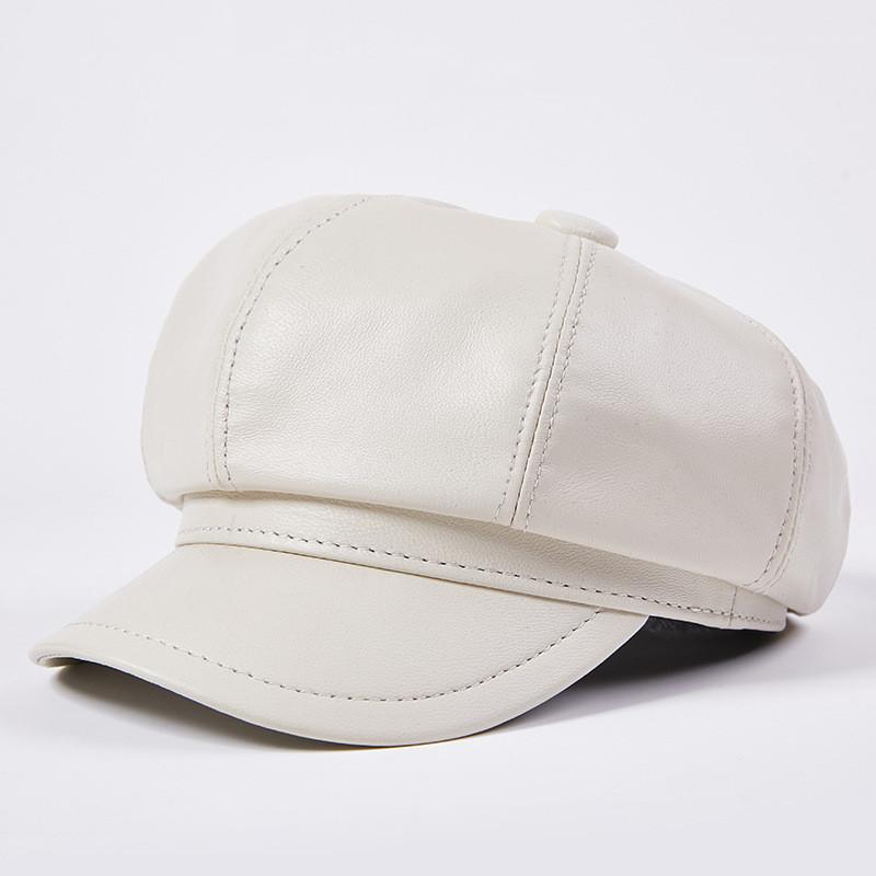 Women's Fashion Sheepskin Leather Octagon Beret Hat Duck Tongue Cap for Winter