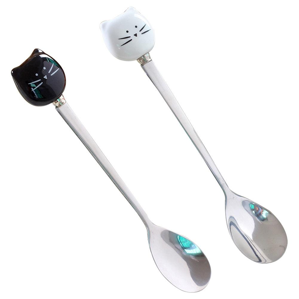 Cute Black/White Cat Stainless Steel Spoon Cartoon Lovely Coffee Milk Tea Ceramic Stir Spoon