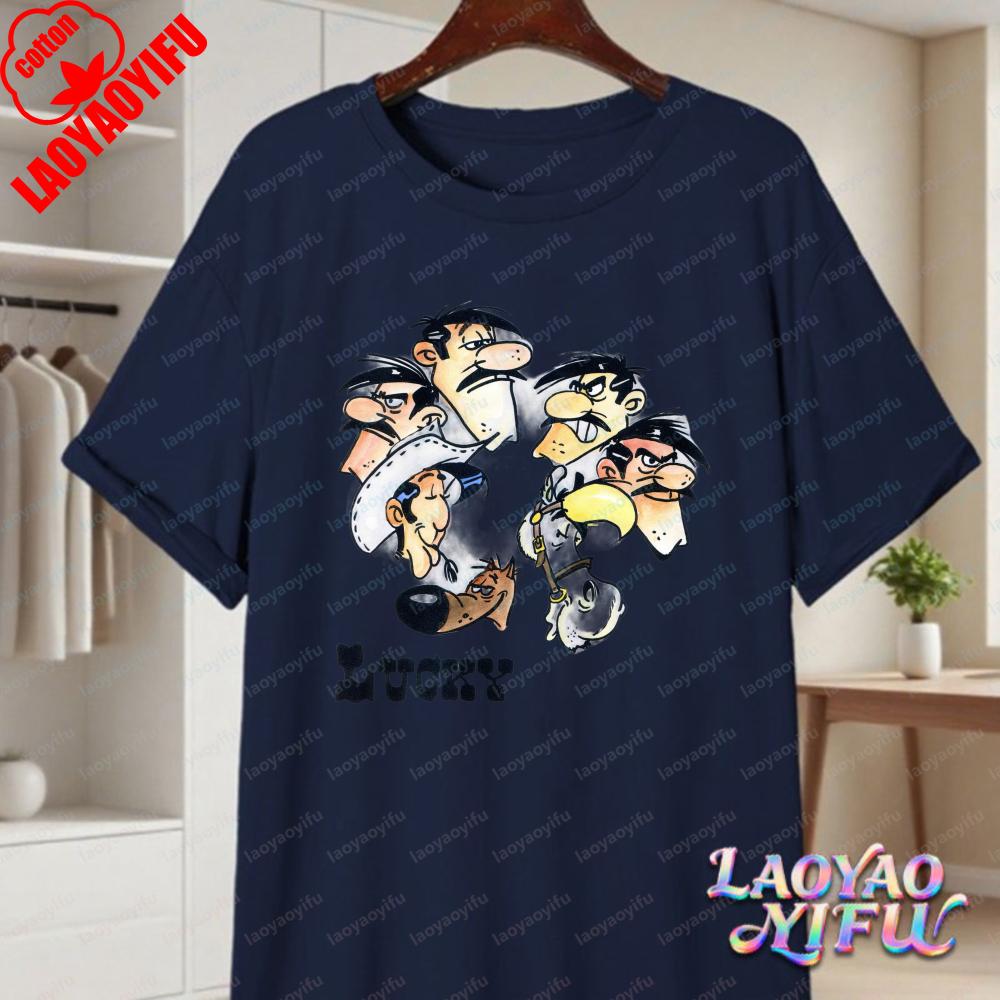 Lucky Luke Vollbesetzung Druck Lässige Oberteile Verspieltes West-Cartoon Baumwoll-T-Shirt Lustiges Vintage Klassisches Anime-Shirt Trend Unisex Kleidung
